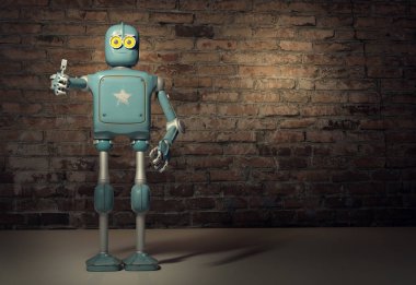retro vintage robot göstermek tumb kadar; bir tuğla duvar arka plan üzerinde