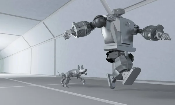 Робот убегает от собаки в космическом коридоре — стоковое фото