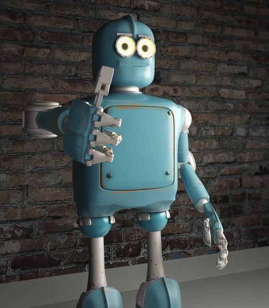 retro vintage robot göstermek tumb kadar; bir tuğla duvar arka plan üzerinde