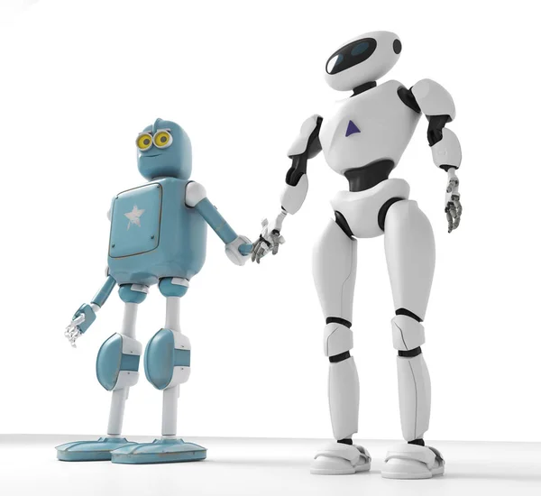 Два поколения роботов, держащихся за руки с белым задником — стоковое фото