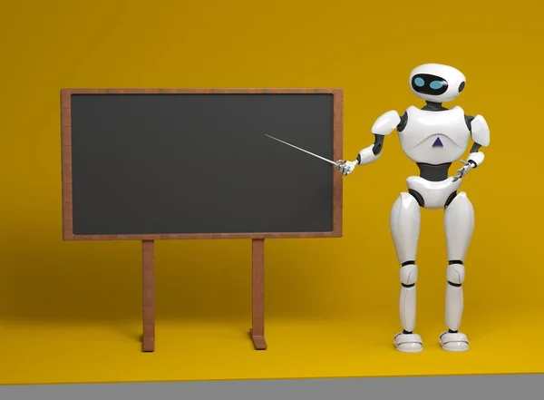 Android robot med pekare pinne på Orange bakgrund. 3D illust — Stockfoto