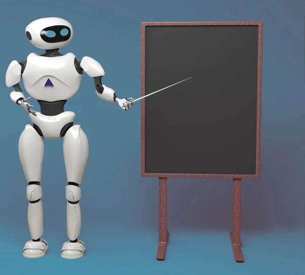Robot Android con puntero en el fondo azul. Ilustración 3d —  Fotos de Stock