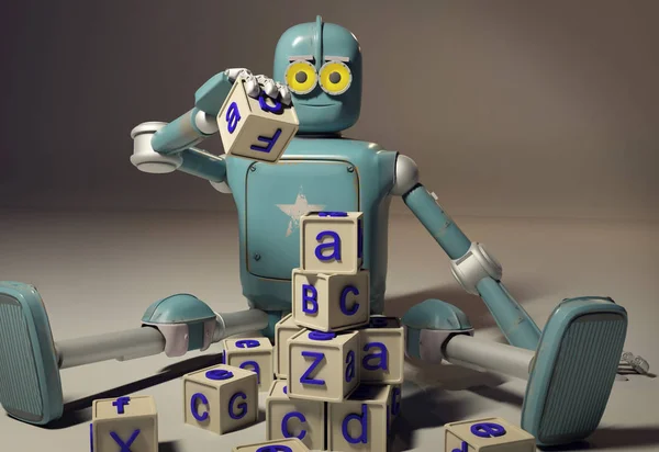 Retro Robot plays with wooden ABC cubes on floore. 3D rendering.