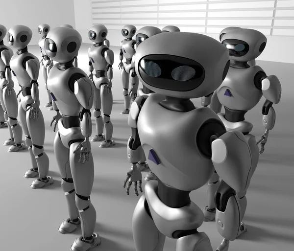 Masa de muchos robots. Una multitud de androides cyborg. 3d renderizar —  Fotos de Stock