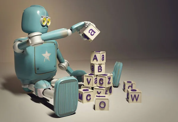 Retro Robot plays with wooden ABC cubes on floore. 3D rendering.