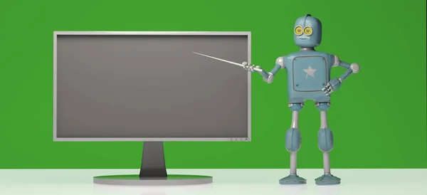 Yeşil arka plan üzerinde işaretçi sopa ile Retro robot. 3d illüstratör