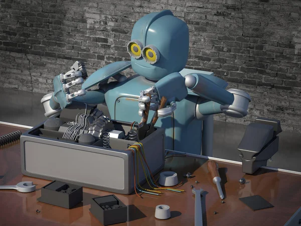 Retro Robot Repairs a broken mechanism, Android restores the det