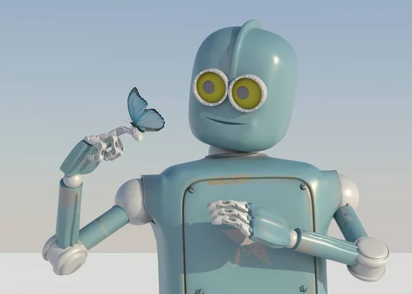 Robot et papillon à portée de main un fond bleu. jouet rétro et nat — Photo