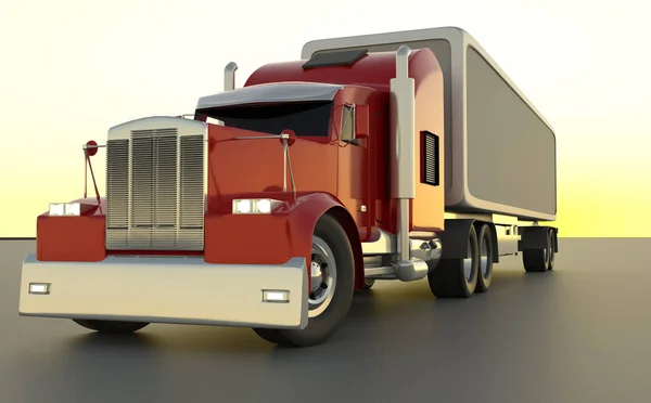 American style red truck. Semi Truck with Cargo Trailer. 3D rend