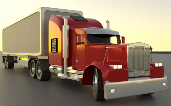 Amerikansk stil röd lastbil. Semi lastbil med Last trailer. 3D rämna — Stockfoto