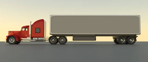 Amerikan tarzı kırmızı kamyon. Kargo Römork ile Yarı Kamyon. 3d rend