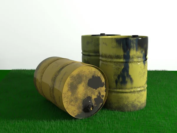 Yellow metal barrel oil on green grass, old dirty isolated on wh — 스톡 사진