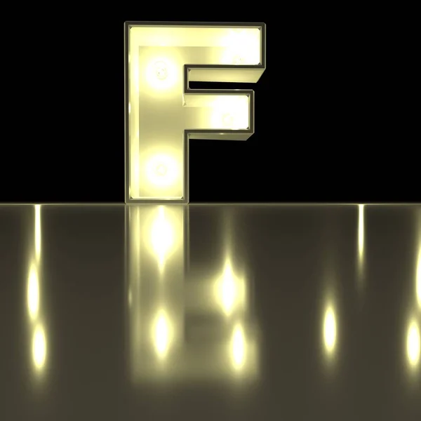 Yansıma ile Karakter F yazı tipi. Ampul parlayan harf alph — Stok fotoğraf