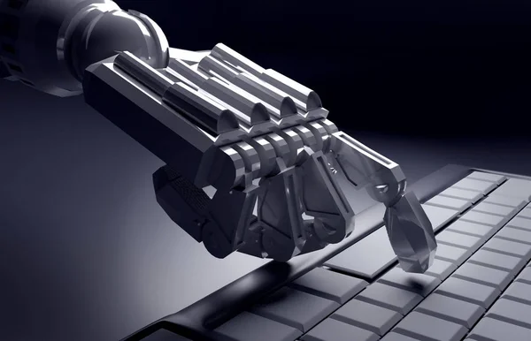 Robotic mão pressionando entrar chave no teclado. renderização 3d. trabalho i — Fotografia de Stock