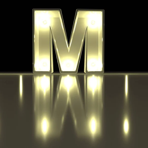 Character M font with reflection. Light bulb glowing letter alph — Stock Photo, Image