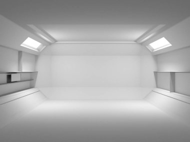 Soyut Fütüristik ışık odası iç tasarım. 3d Rendering. Gelecek kavramı.