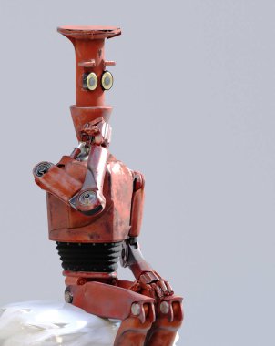 retro robot küp, yapay zeka üzerinde oturan düşünüyor,