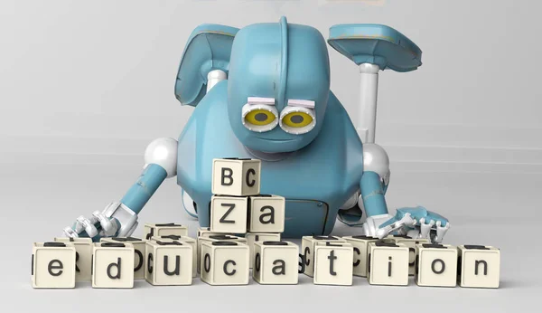 Retro Robot floore ahşap Abc küpleri ile oynar. 3d render.