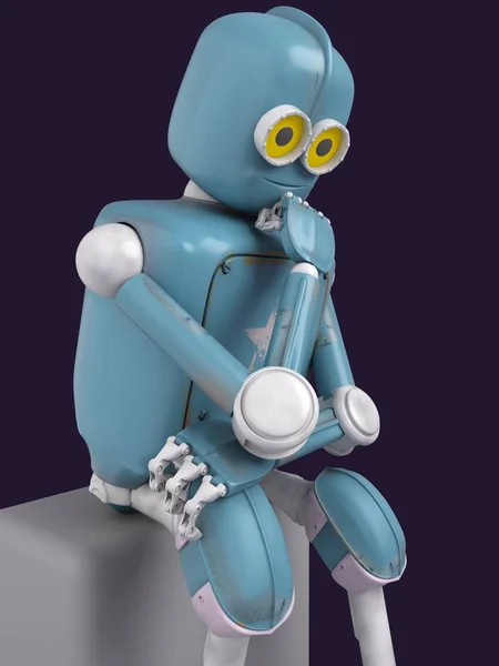 Retro robot thinks sitting on the cube, artificial intelligence, — Stock Photo, Image