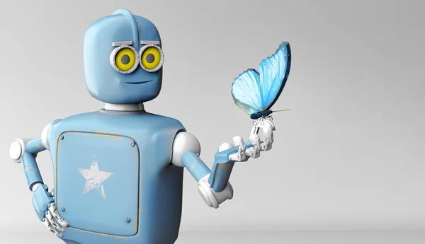 robot ve kelebek elmavi bir arka plan. retro oyuncak ve nat