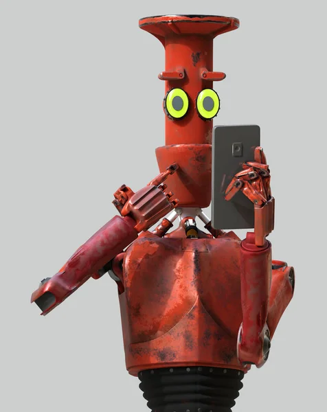 Grunge rocznika robota patrzeć na telefon komórkowy. Renderowanie 3D. — Zdjęcie stockowe