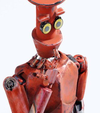 retro robot küp, yapay zeka üzerinde oturan düşünüyor,