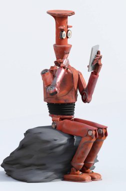 retro robot küp, yapay zeka üzerinde oturan düşünüyor,