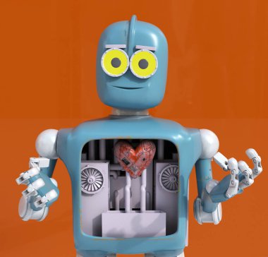 kalp tutan robot, metal kalp, 3d render.