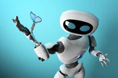 beyaz bir arka plan üzerinde robot ve butterfliy rakam, 3d rend