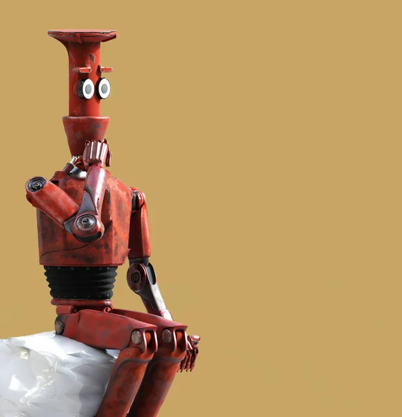 Retro robot küp, yapay zeka üzerinde oturan düşünüyor, — Stok fotoğraf