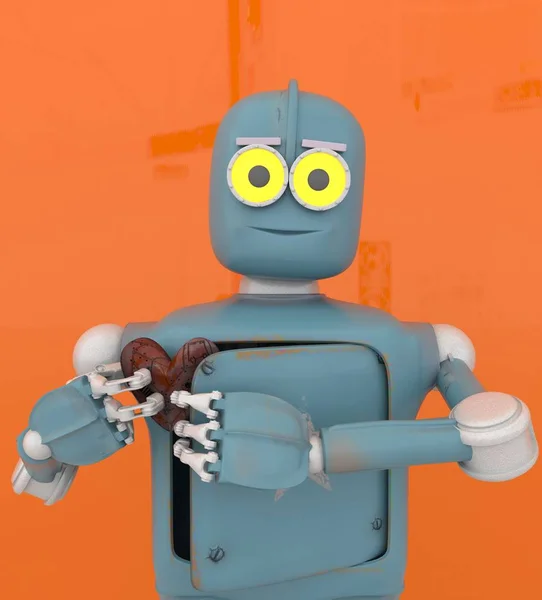 kalp tutan robot, metal kalp, 3d render.