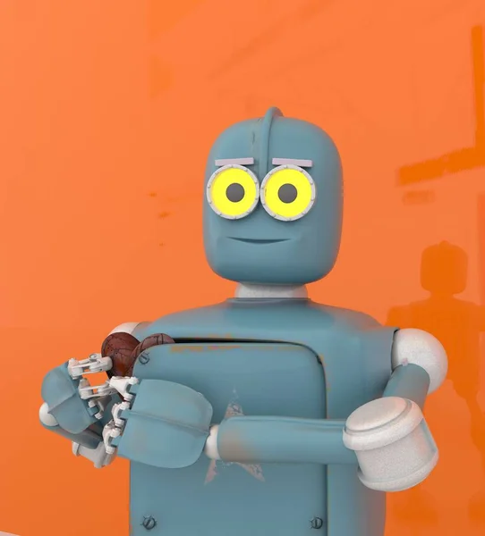 kalp tutan robot, metal kalp, 3d render.