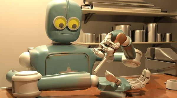 Retro robot sta riparando la sua mano, rendering 3d — Foto Stock
