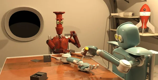 Retro robot is repairing his hand ,3d rendering