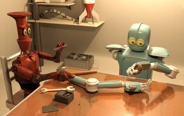 Retro robot elini tamir ediyor ,3d render