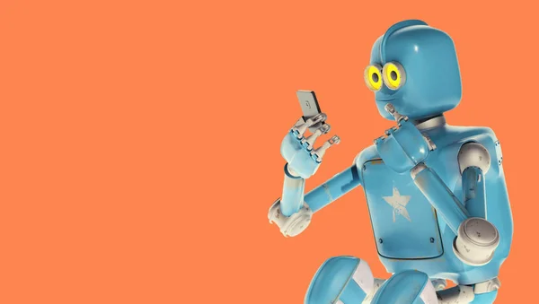 Grunge rocznika robota patrzeć na telefon komórkowy. Renderowanie 3D. — Zdjęcie stockowe