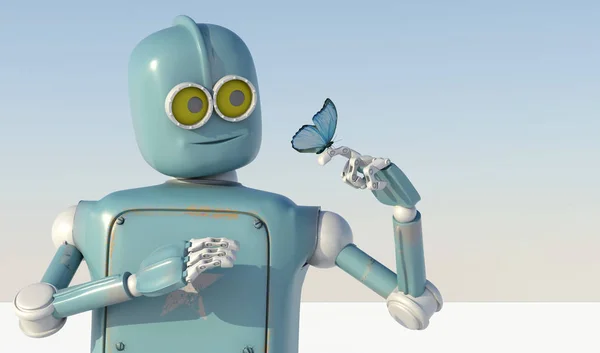 Robot e farfalla a portata di mano uno sfondo blu. giocattolo retrò e nat — Foto Stock