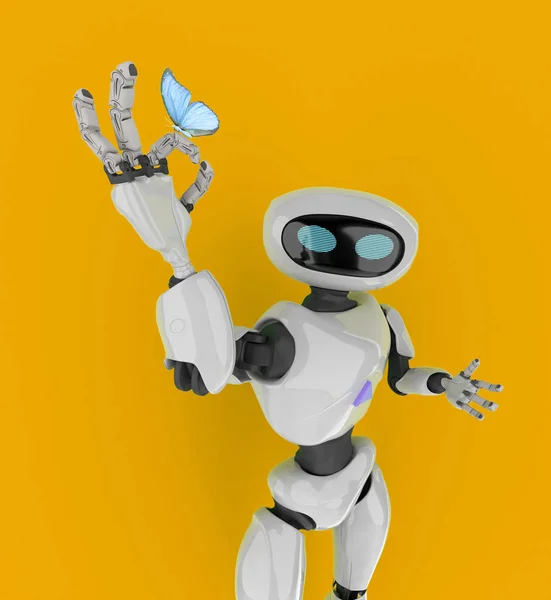 Robot met Butterfly 3D renderen. — Stockfoto