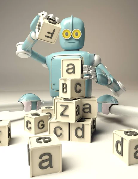 Retro Robot plays with wooden ABC cubes on floore. 3D rendering.