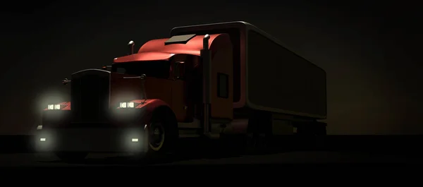 Geceleri Amerikan tarzı kırmızı kamyon. Kargo Römorklu Yarı Kamyon