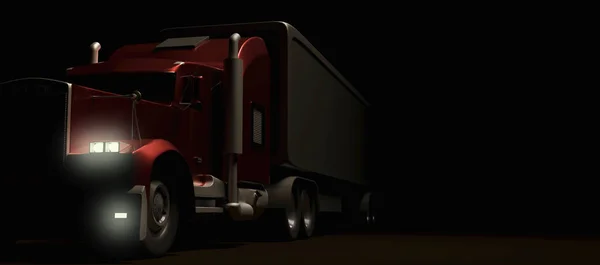 Amerikansk stil röd lastbil på natten. Semi lastbil med Last trailer — Stockfoto