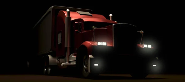 Geceleri Amerikan tarzı kırmızı kamyon. Kargo Römorklu Yarı Kamyon