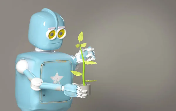 Retro robot tutun bitki, filiz ile droid, 3d render. — Stok fotoğraf