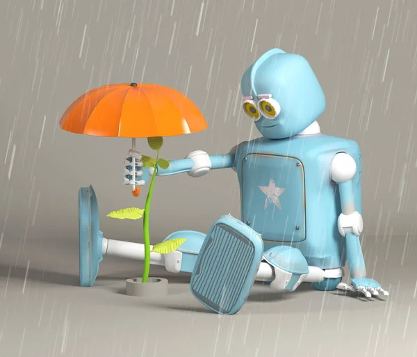 Retro robot korumak filiz, bitki, 3d, render