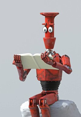 retro robot taş üzerinde bir kitap okur. 3d render
