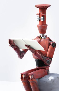 retro robot taş üzerinde bir kitap okur. 3d render