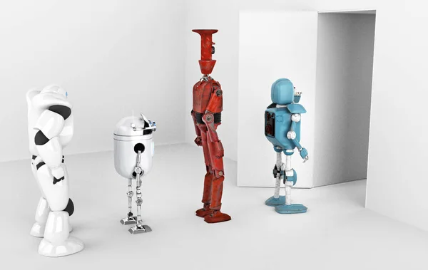 robots in line.3d render.