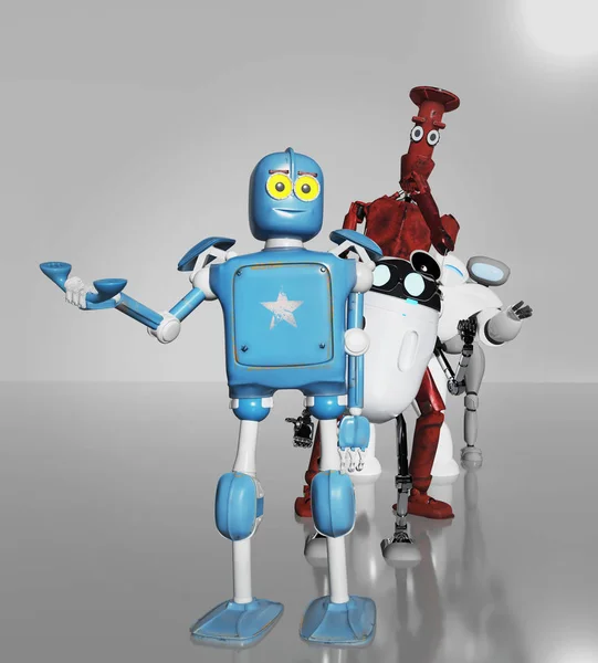 Robots in line. 3D renderen. — Stockfoto