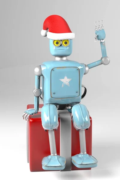 Retro robot w świątecznym kapeluszu, obchody Bożego Narodzenia, 3D renderowania — Zdjęcie stockowe