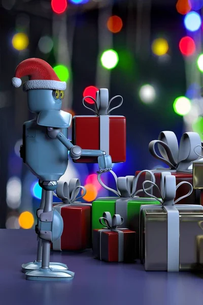 Robot retrò nel cappello di Natale, celebrazione di Natale, mettere la scatola, 3 — Foto Stock